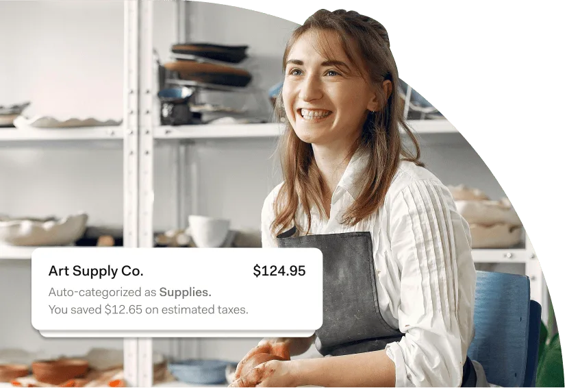 A potter in her studio, with a $124.95 purchase from Art Supply Co. auto-categorized as Supplies and $12.65 saved on estimated taxes