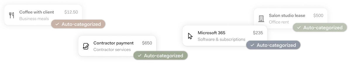 Auto-categorized expense notifications in the Found app, including transactions for business meals, contractor services, software subscriptions, and office rent