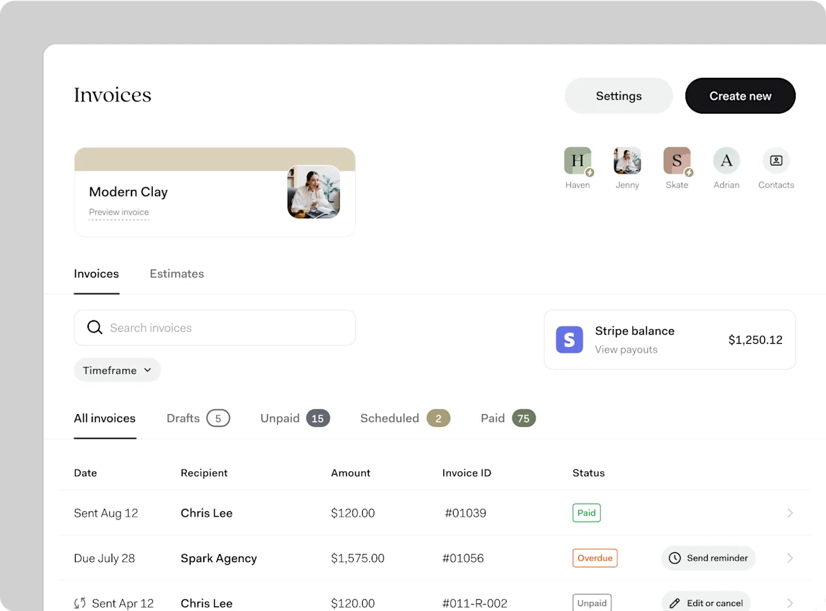 The Found invoices screen listing sent invoices as paid, overdue and unpaid, with a Stripe balance alongside