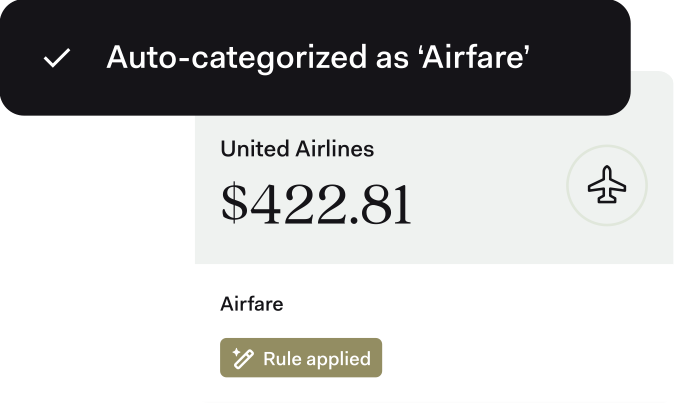 A $422.81 United Airlines expense auto-categorized as Airfare, with a rule applied