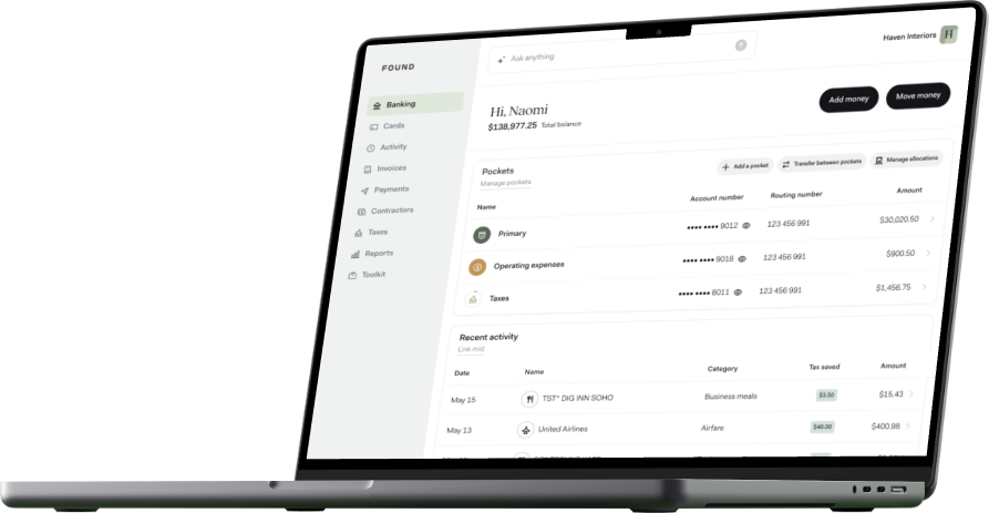 The Found app on a laptop, showing pockets for taxes and recent activity