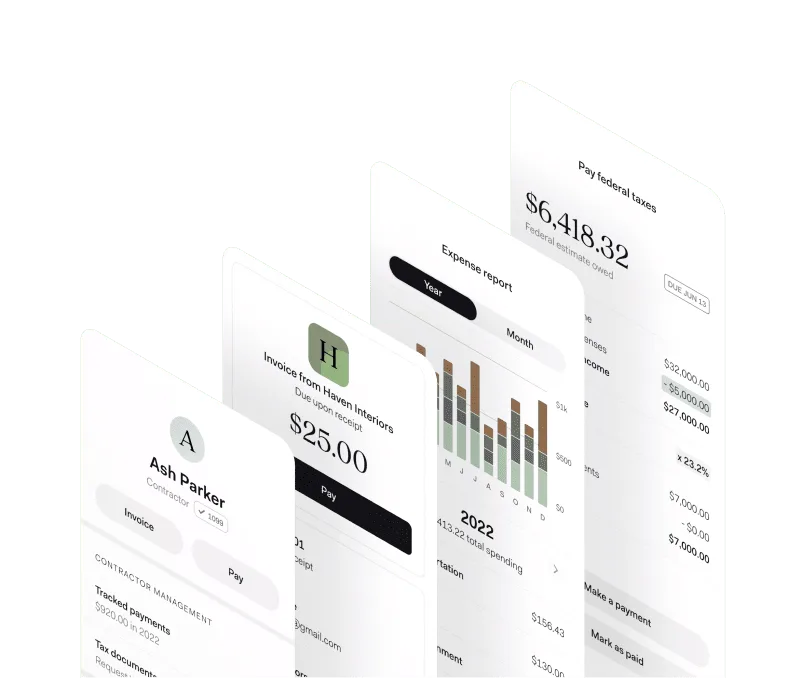 Found app screens fanned out side by side: a contractor's profile, an invoice, an expense report and a federal tax payment.