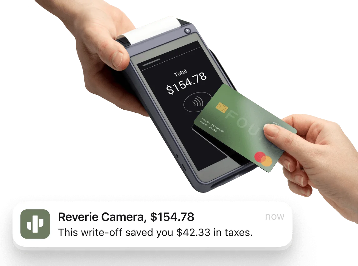 A Found debit card tapped against a card reader for $154.78, with a notification saying the write-off saved $42.33 in taxes.