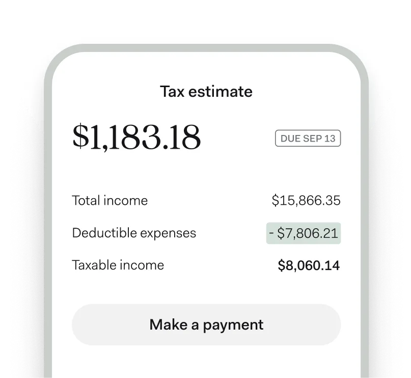 A $1,183.18 tax estimate in the Found app showing total income, deductible expenses and taxable income above a Make a payment button.