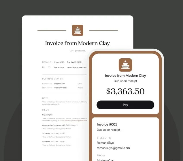 An invoice from Modern Clay for $3,363.50 shown on a phone with a Pay button, over the full itemised invoice