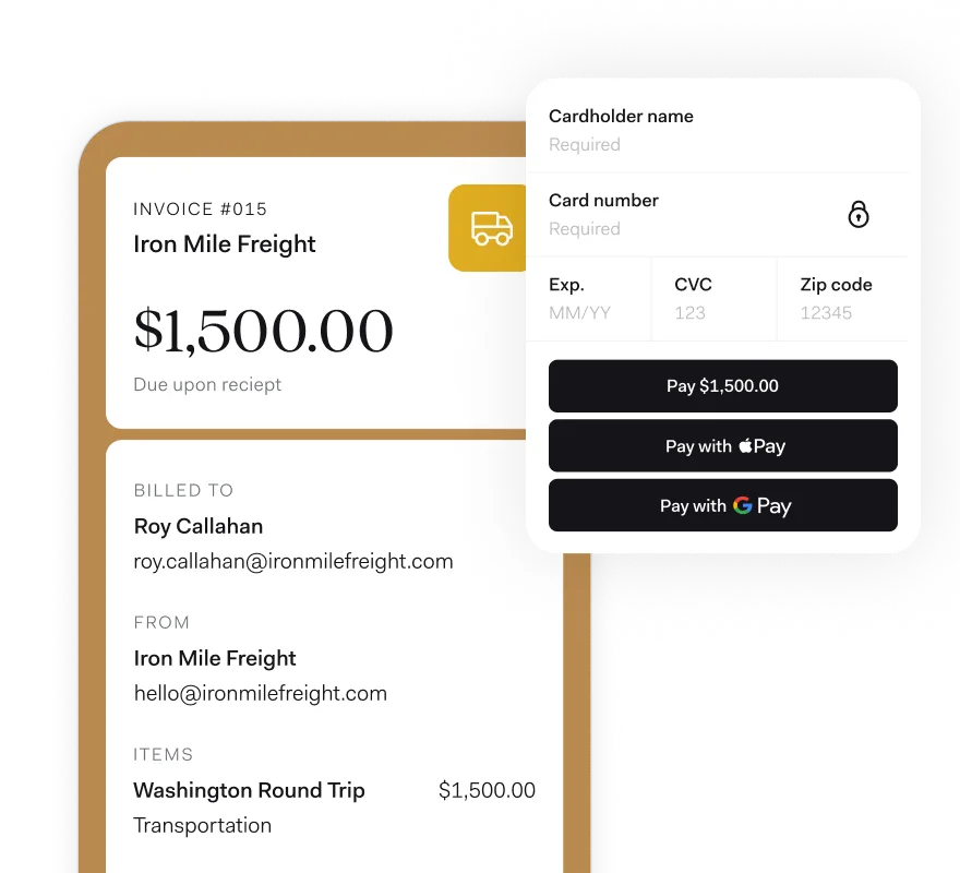 A $1,500.00 Found invoice for a Washington round-trip transportation service, with a payment overlay offering card, Apple Pay and Google Pay
