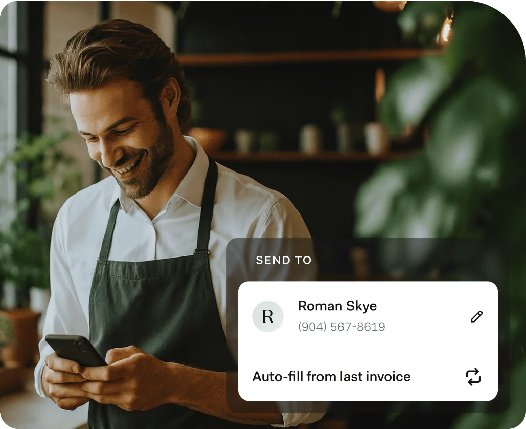A business owner in an apron watching an invoice auto-fill for a repeat customer on their phone