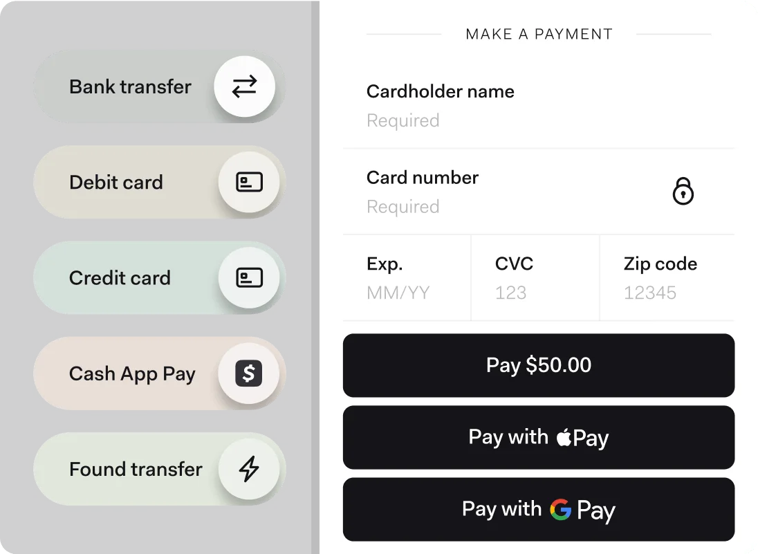 An invoice payment form offering bank transfer, debit and credit card, Cash App Pay, Found transfer, Apple Pay and Google Pay