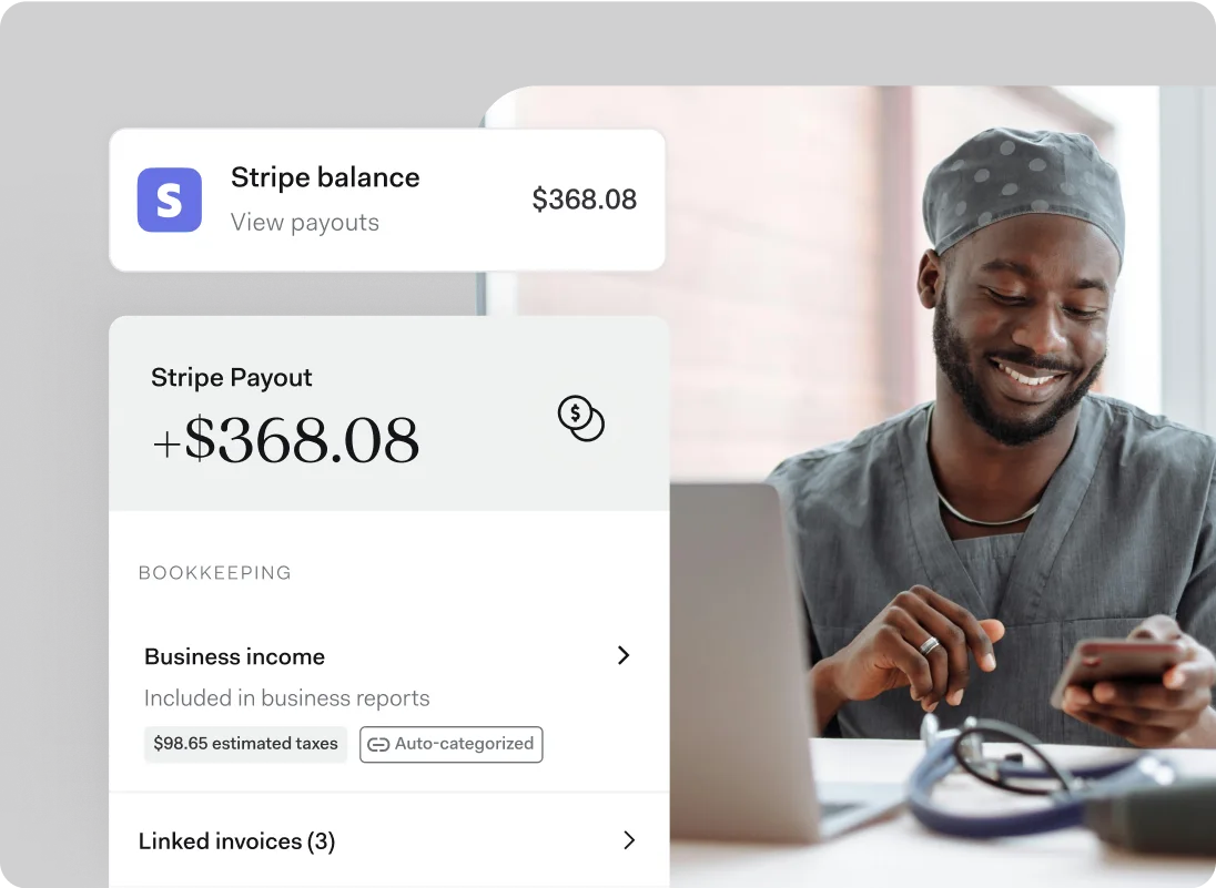 A Stripe payout categorized as business income and linked to its invoice, with the estimated tax already set aside