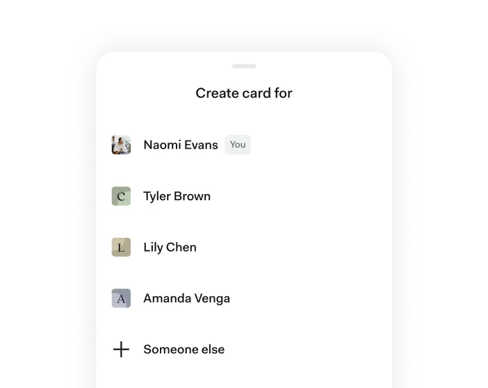 A "Create card for" menu listing team members, with an option to add another person, in the Found app