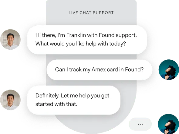 A live chat support conversation, in which a Found agent answers a customer asking whether they can track an outside card in Found