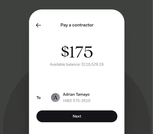 A $175 contractor payment to Adrian Tamayo in the Found app, with the available balance above it