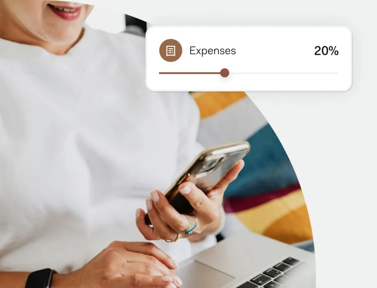 Person using a smartphone with an overlay showing 20% of income allocated to an "Expenses" pocket in their account.