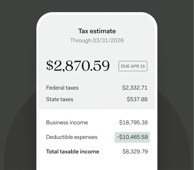 A tax estimate for the quarter ending 03/31/2026 — $2,870.59 due, broken into federal and state tax over business income and deductible expenses