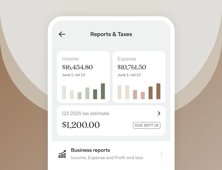 Smartphone screen displaying the Found app's "Reports & Taxes" dashboard, showing income, expenses, and a tax estimate with a due date.