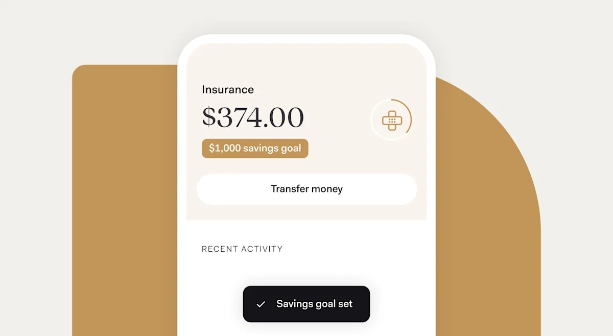 An Insurance pocket showing a $374.00 balance toward a $1,000 savings goal, with a 'Transfer money' button and 'Savings goal set' logged in recent activity