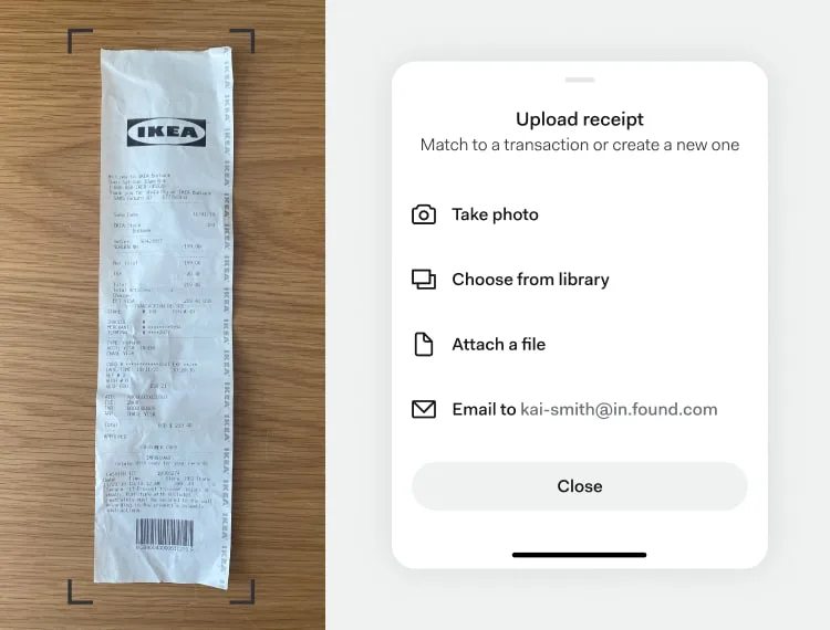A Found app interface displaying receipt upload options alongside a photo of an IKEA paper receipt on a wooden surface. The app screen offers four ways to upload: take a photo, choose from library, attach a file, or email to kai-smith@in.found.com. The interface helps users match receipts to transactions or create new ones.