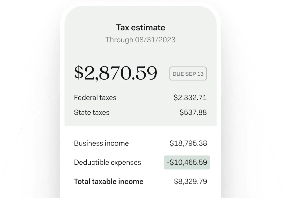 A $2,870.59 tax estimate in the Found app due September 13, split into $2,332.71 of federal and $537.88 of state tax beneath $18,795.38 of business income and $10,465.59 of deductible expenses.
