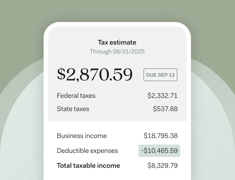 Screenshot of a tax estimate totaling $2,870.59, including federal and state tax amounts, business income, deductible expenses, and total taxable income for a selected tax estimate payment period.
