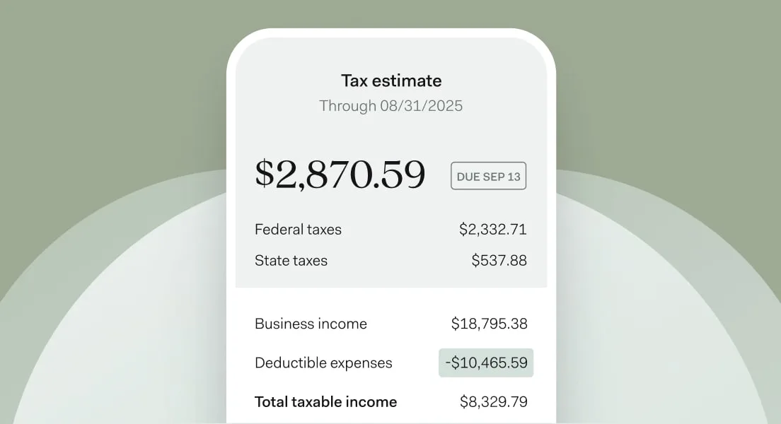 A $2,870.59 tax estimate in the Found app, split into federal and state taxes and shown against business income, deductible expenses and total taxable income.