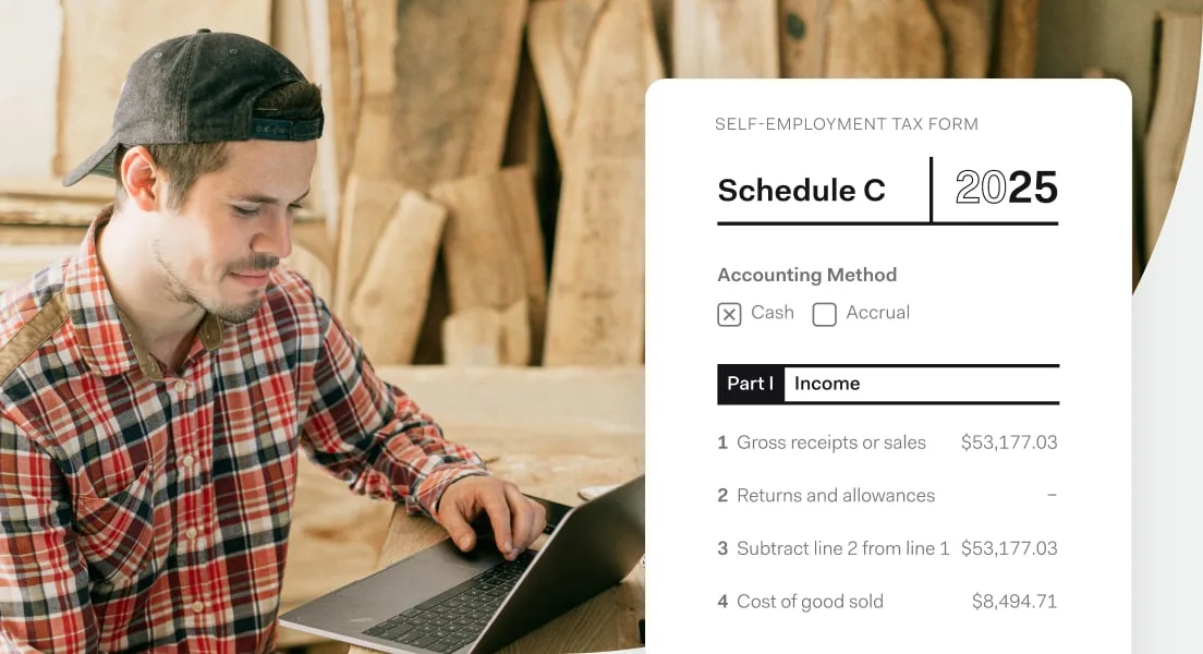 A woodworker at a laptop beside a Schedule C self-employment tax form filled in with gross receipts and cost of goods sold.