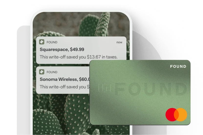 Found app notifications show tax savings on business purchases like Squarespace and Sonoma Wireless, with a branded green Found Mastercard.