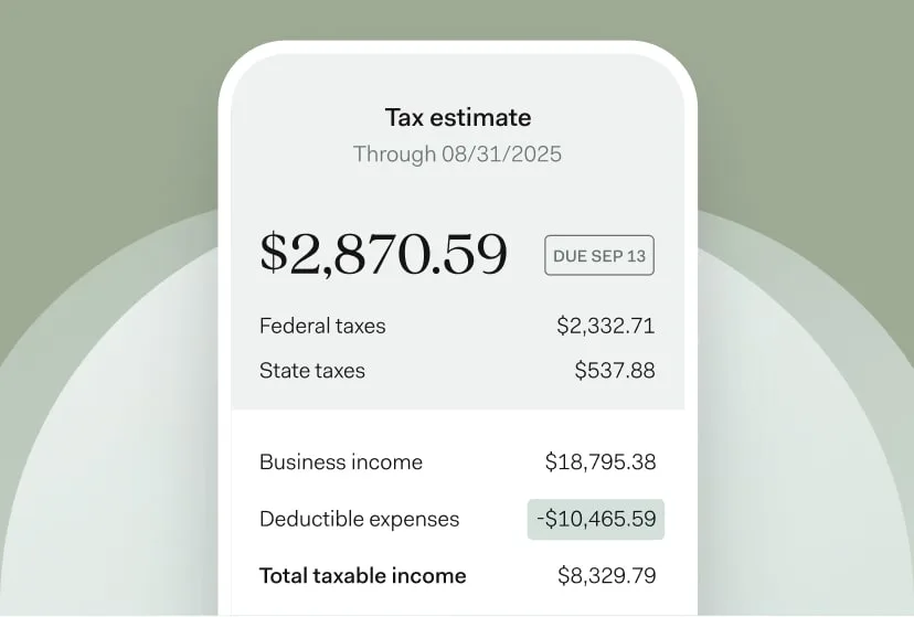 A tax estimate in the Found app breaking out federal and state taxes due, business income and deductible expenses