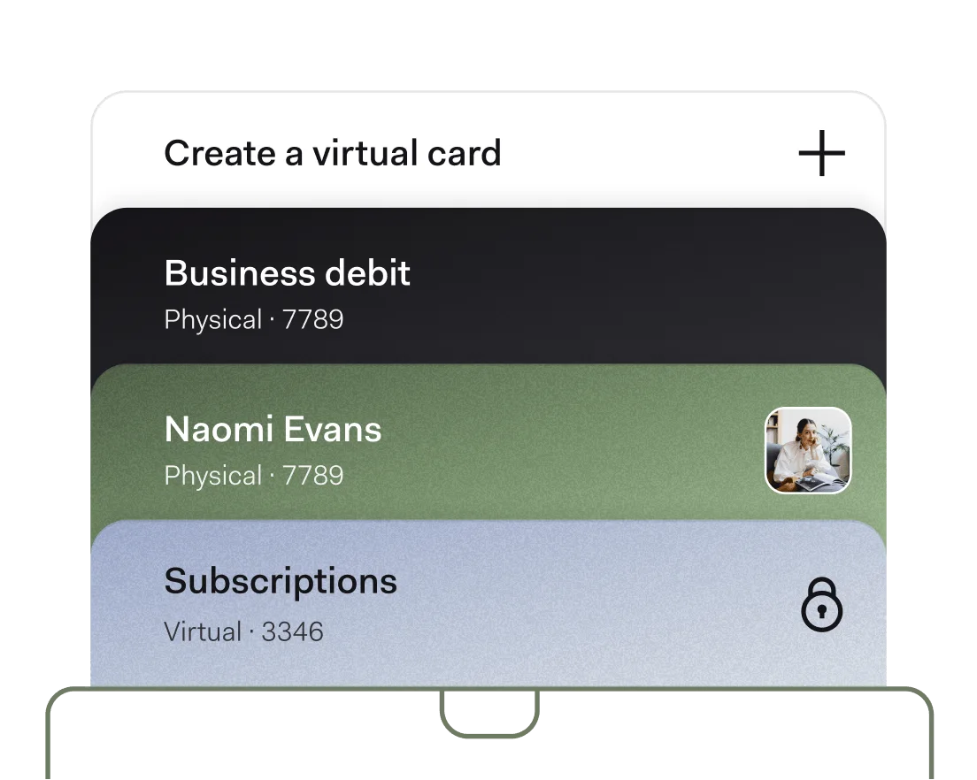 A stack of Found cards — a physical business debit card, a physical card issued to a team member, and a locked virtual card for subscriptions — under a Create a virtual card button