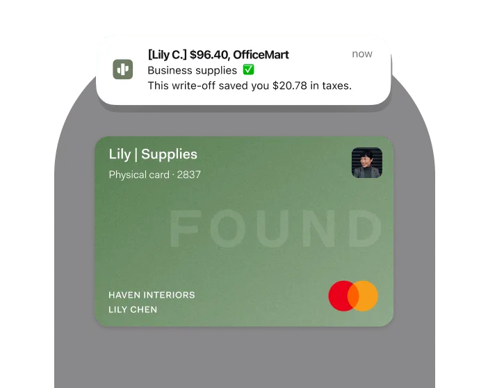 A real-time alert for a purchase made on a team card, with the tax saved on it
