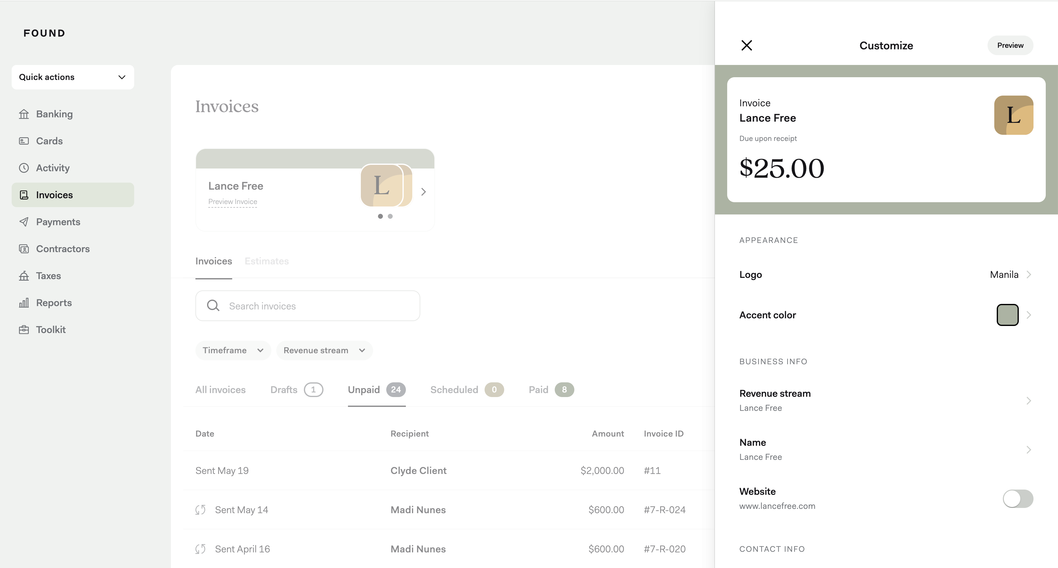 Customize invoice screenshot