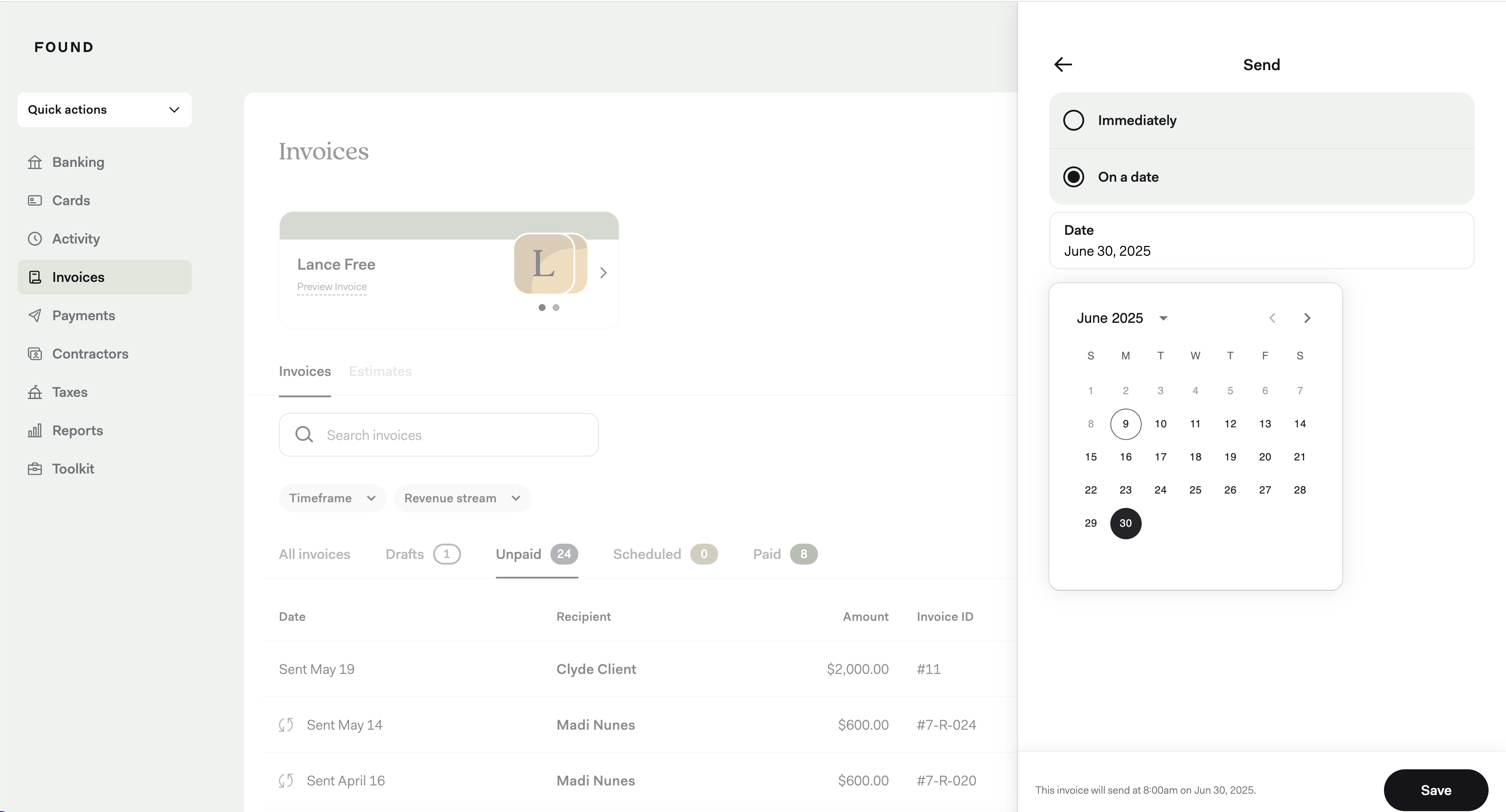 Schedule invoice screenshot